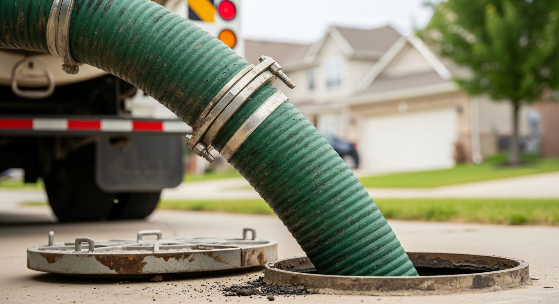 Large Green Hose Inserted Into An Open Manhole Large Green Hose Inserted Into An Open Manhole