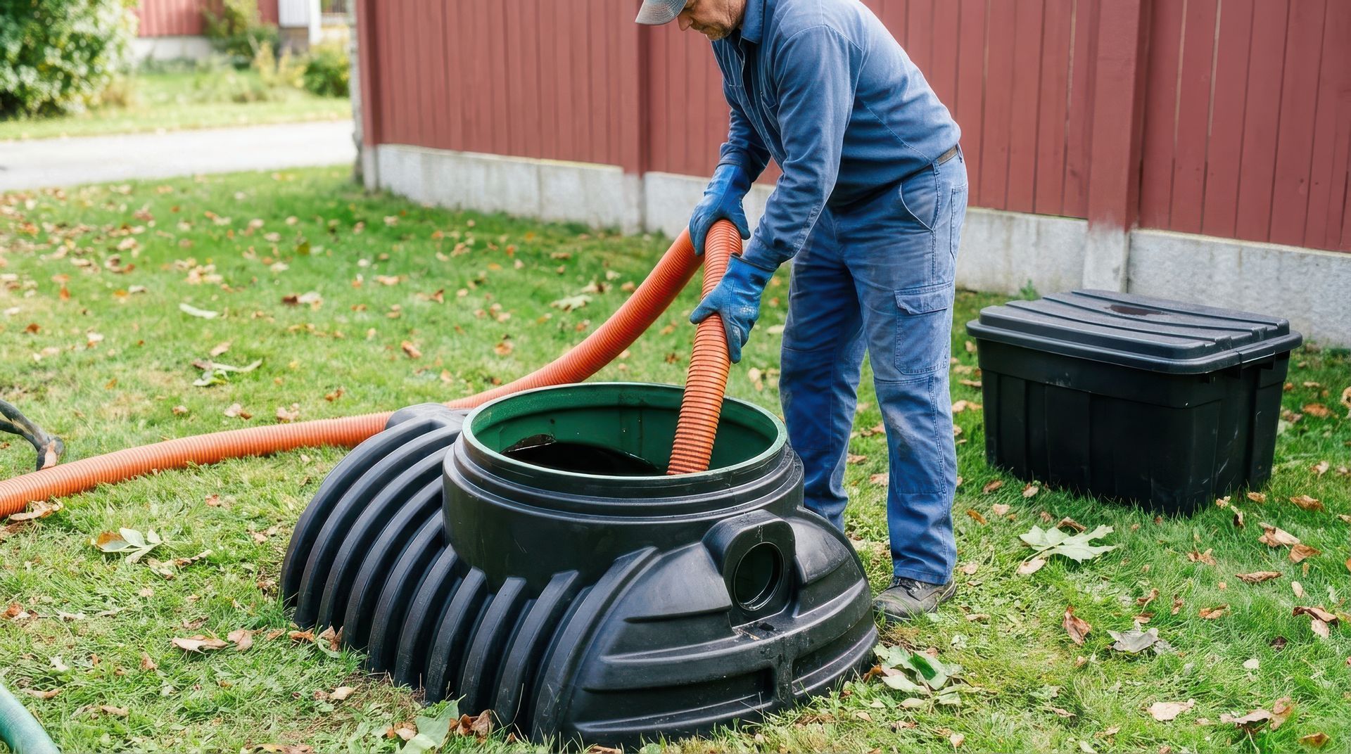 Worker in blue coveralls, gloves feeds a ribbed orange hose into an open black plastic septic tank. Worker in blue coveralls, gloves feeds a ribbed orange hose into an open black plastic septic tank.