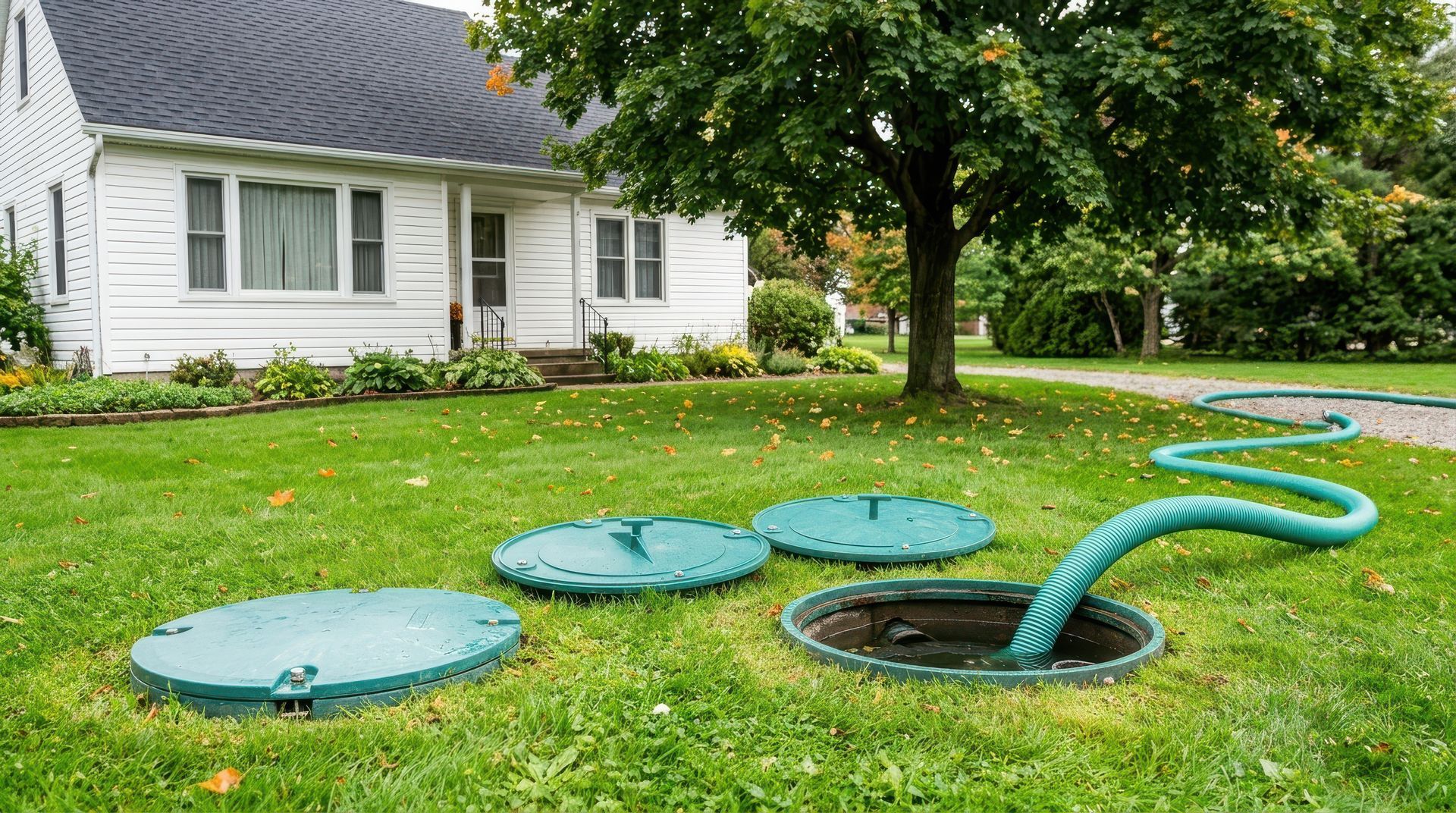 Green septic tank lids open on a lawn with a vacuum hose feeding into an access port while pumping. Green septic tank lids open on a lawn with a vacuum hose feeding into an access port while pumping.