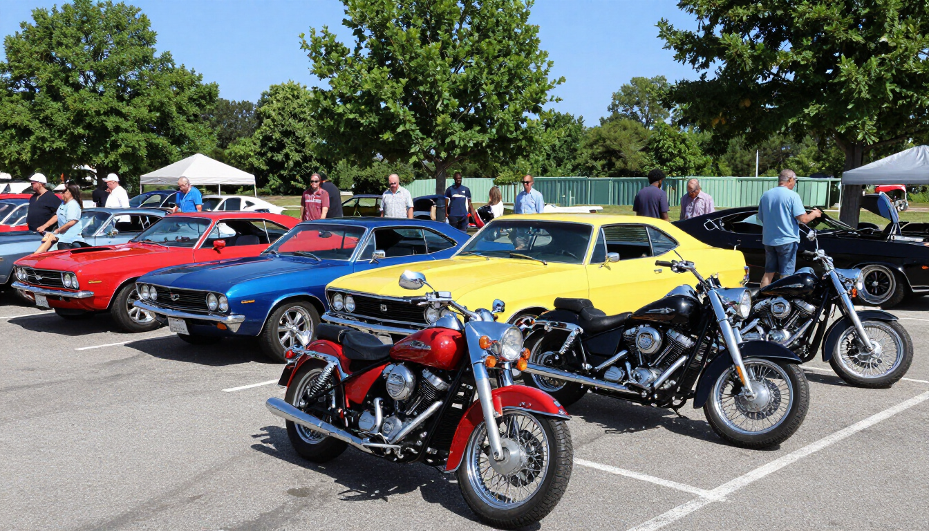 Classic cars and motorcycles at the Labor Day cruise-in event.