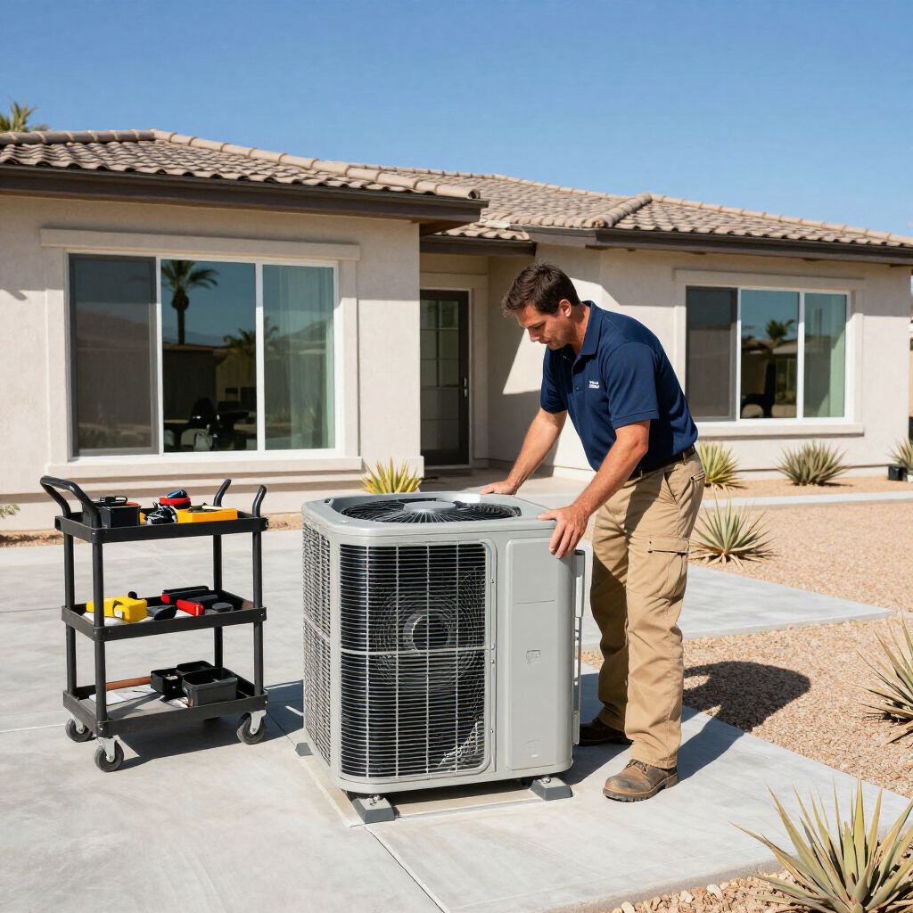 Residential HVAC technician installing a new outdoor AC unit in Coachella Valley.