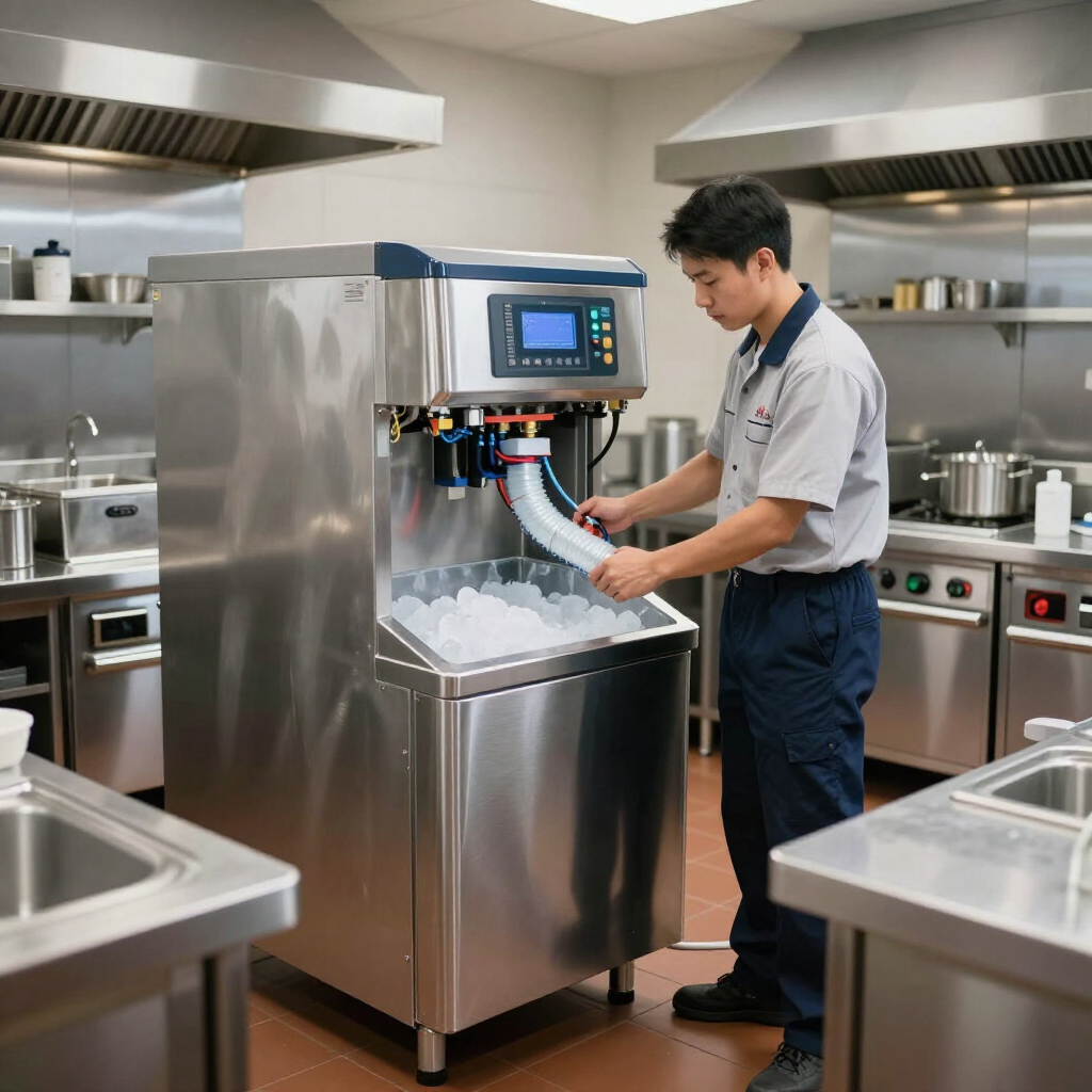 Commercial ice machine installation in a restaurant kitchen.