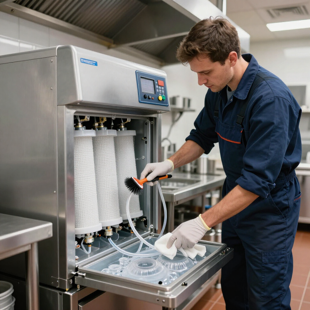 Technician maintaining an ice machine in a commercial kitchen.
