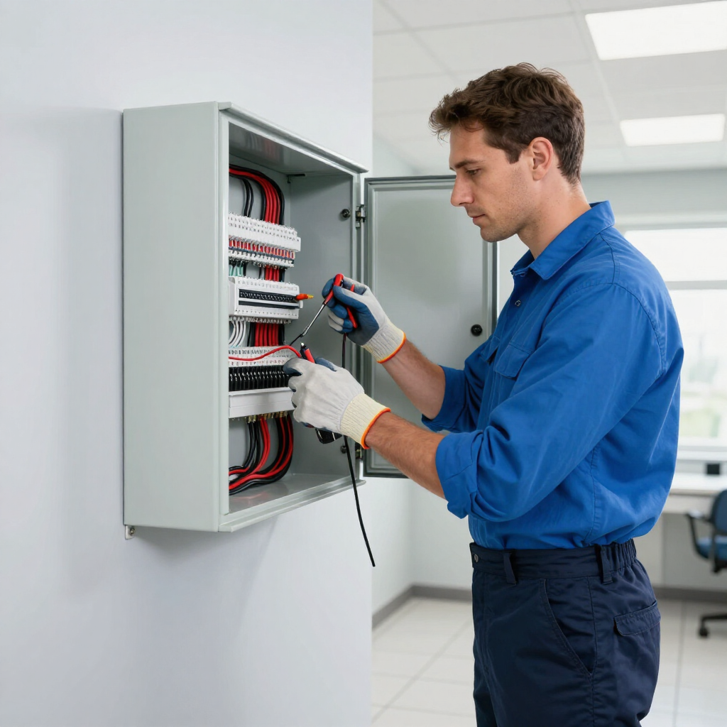 Electrician testing a service panel inside a utility room.