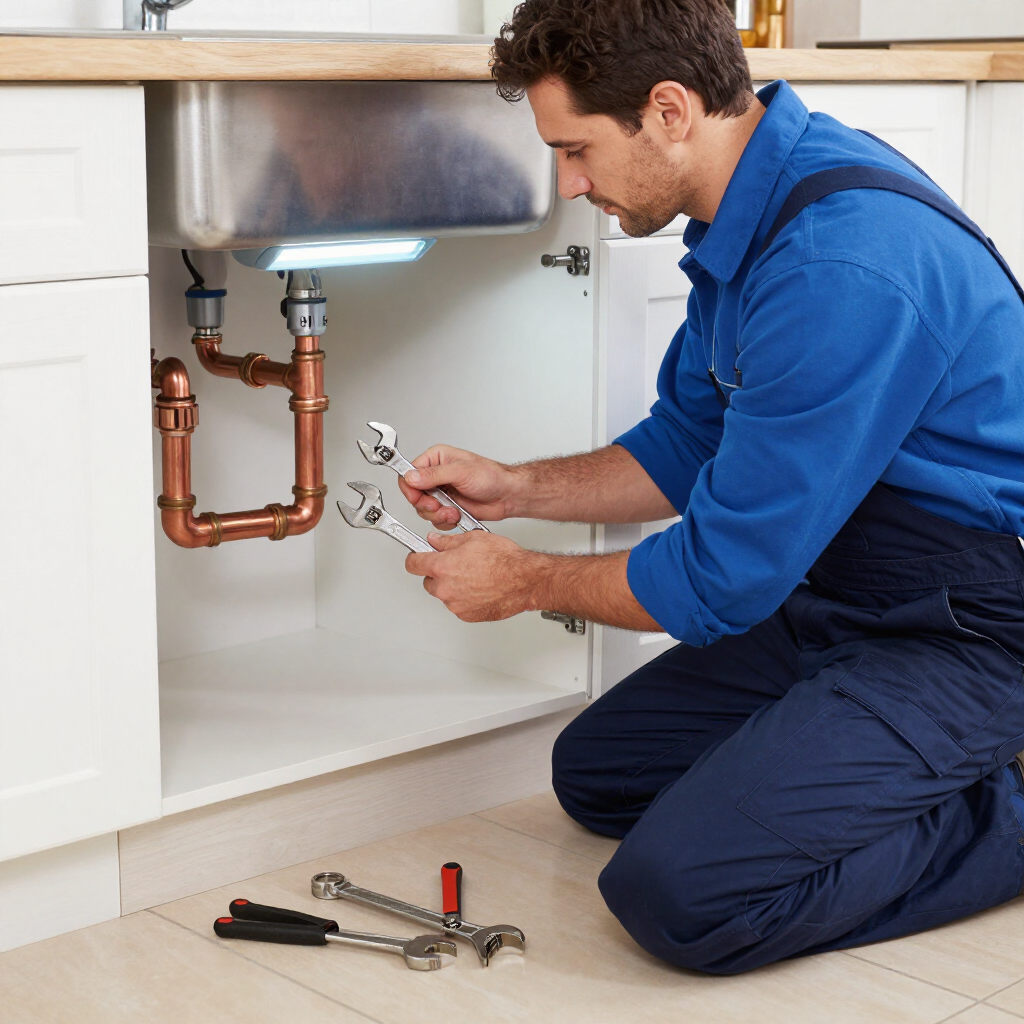Plumber repairing a copper water line under a kitchen sink.