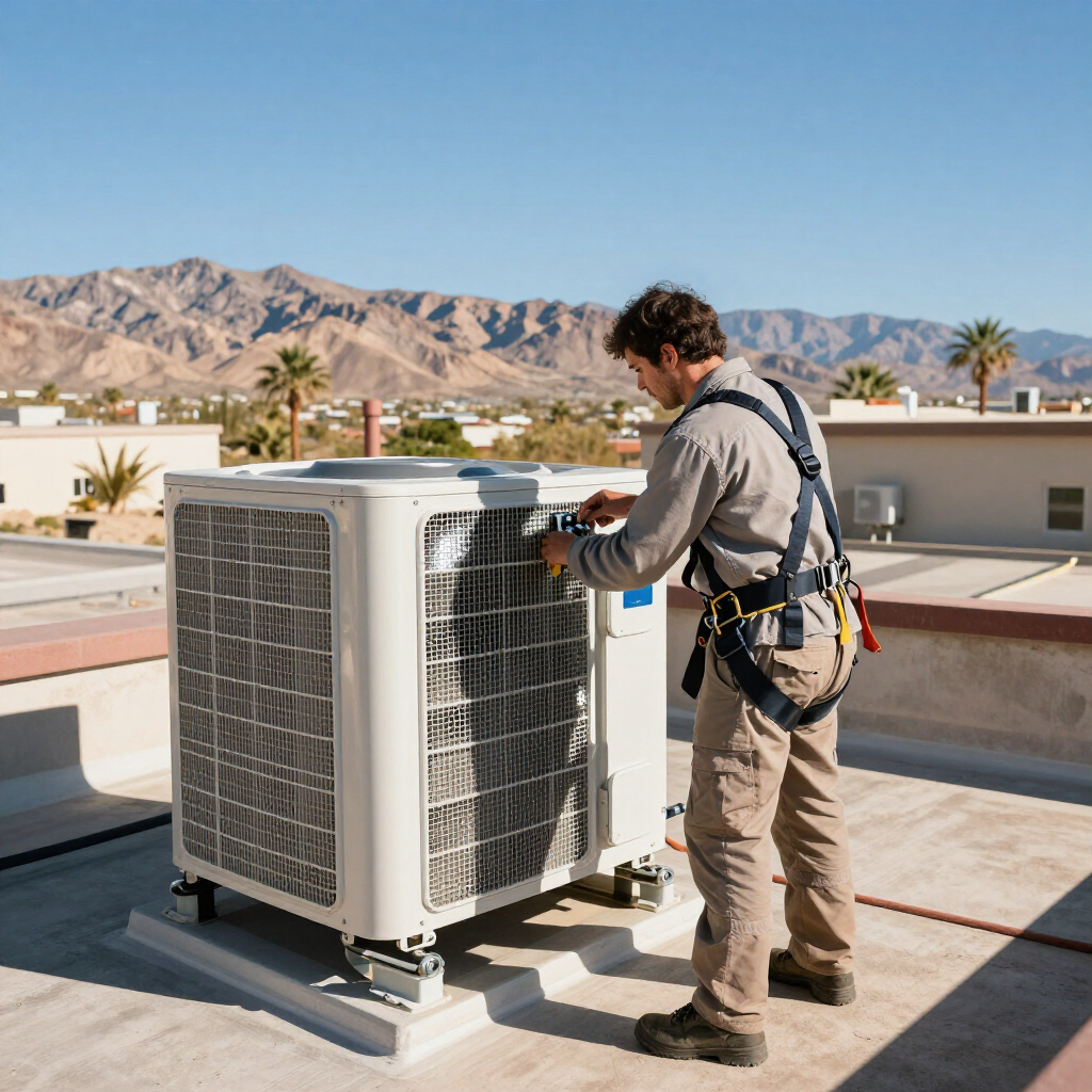 Technician servicing a rooftop HVAC unit in the desert.