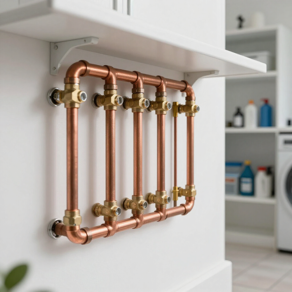 Fresh copper plumbing installation in a laundry room.
