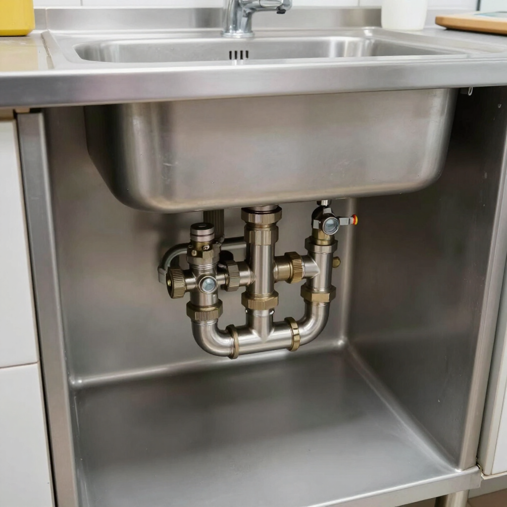 Commercial plumbing repair under a stainless sink.
