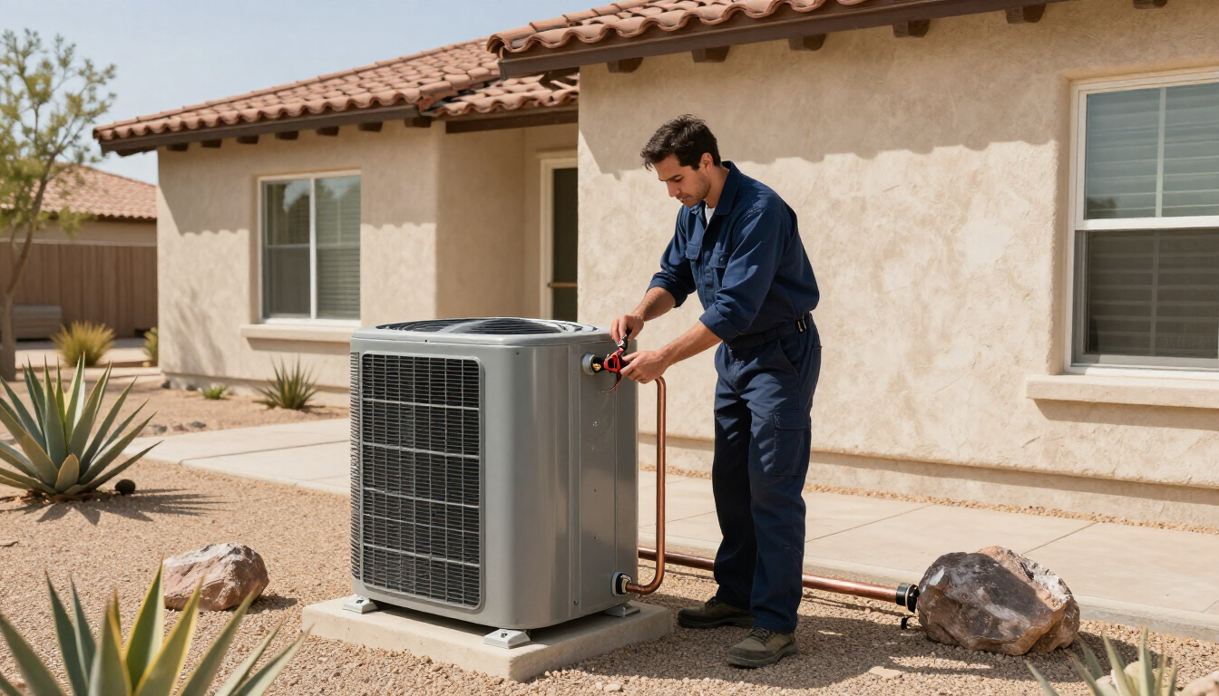 An HVAC technician installs a new air conditioning system at a Coachella Valley home.