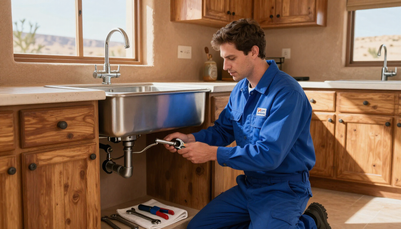 A plumber repairs a kitchen sink in a bright desert home interior.