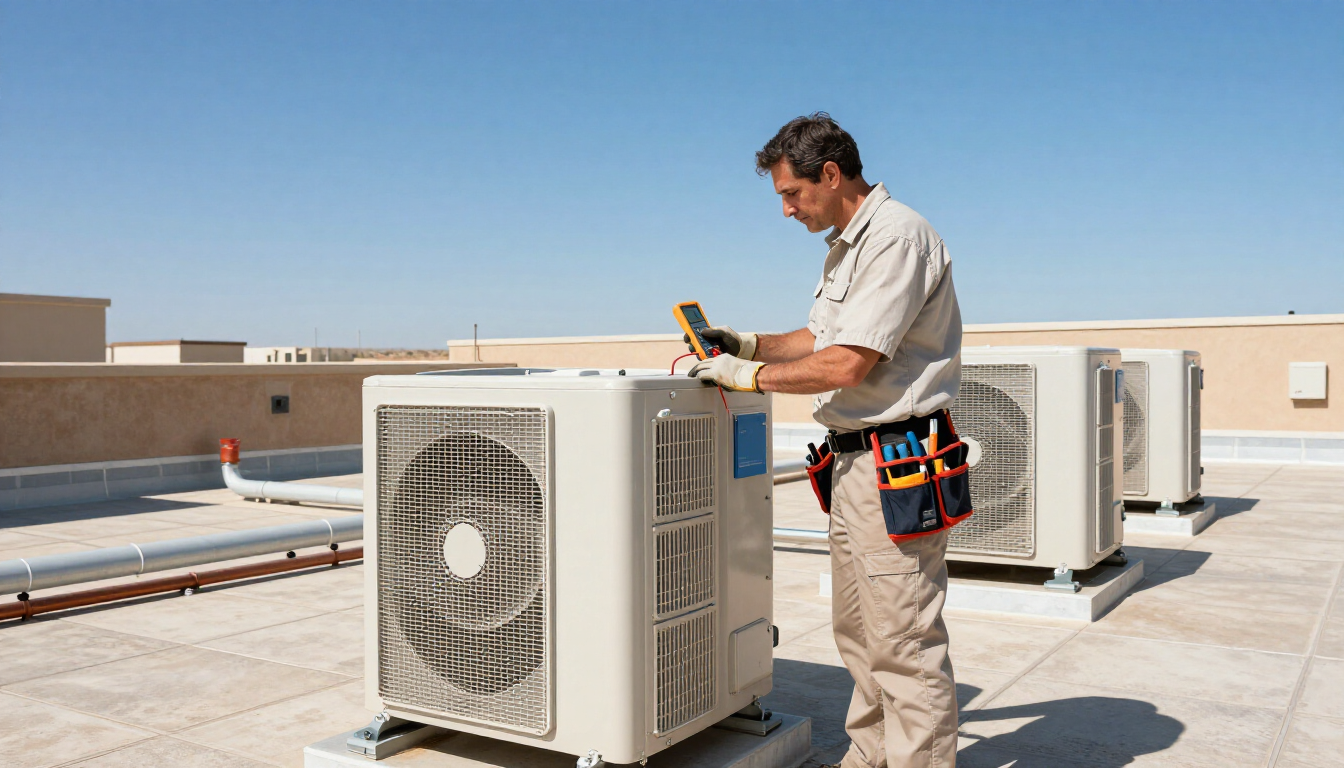 A technician inspects commercial HVAC equipment on a rooftop in the desert sun.