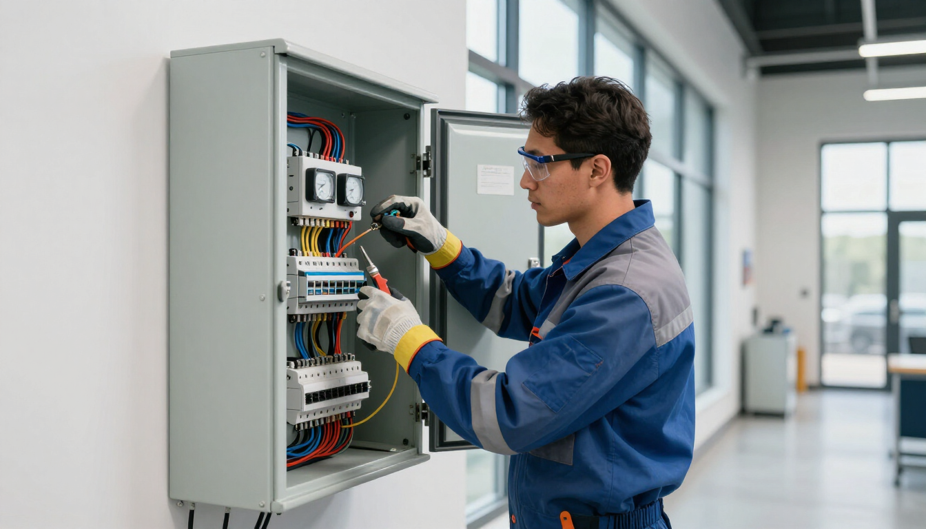 An electrician services a commercial electrical panel inside a modern building.