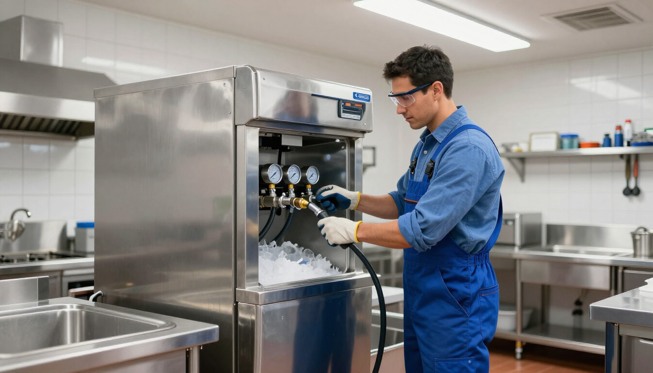 A technician installs and maintains a commercial ice machine in a restaurant setting.