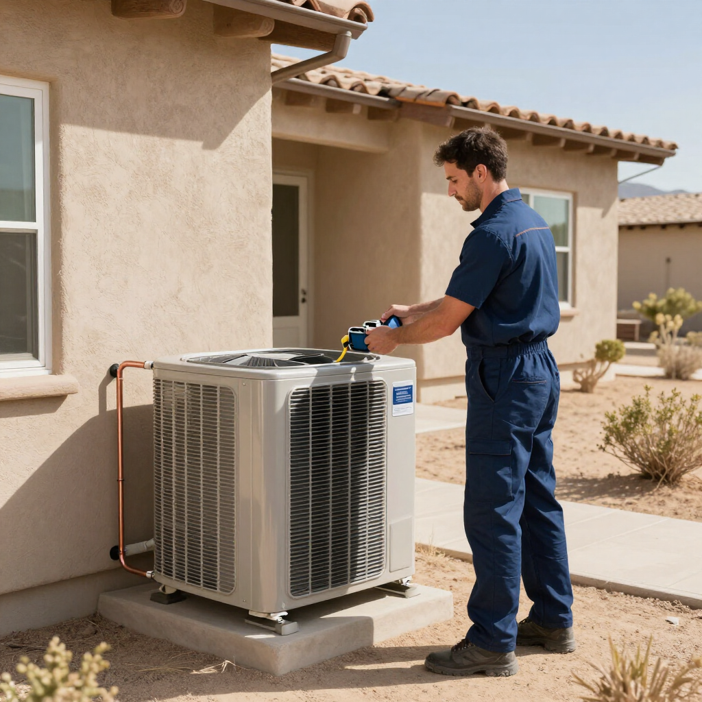A Black Diamond technician completing an AC installation at a desert home.