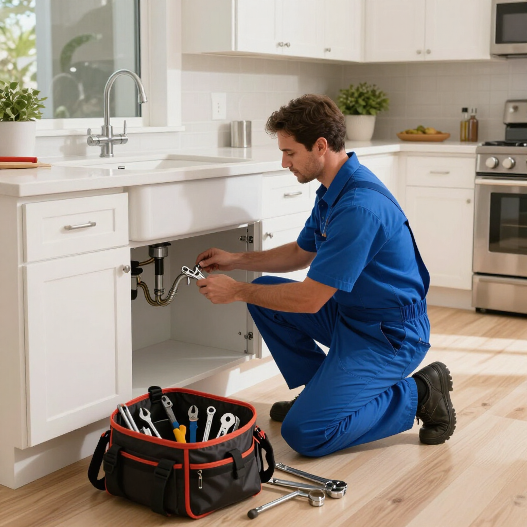 A Black Diamond plumber repairing a sink and water line.