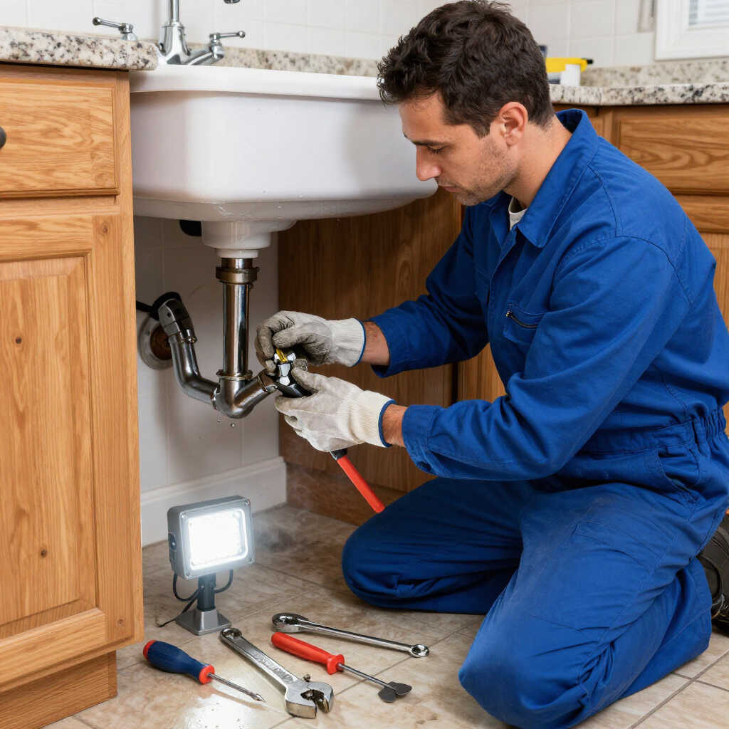 Plumber repairing a leak under a sink.