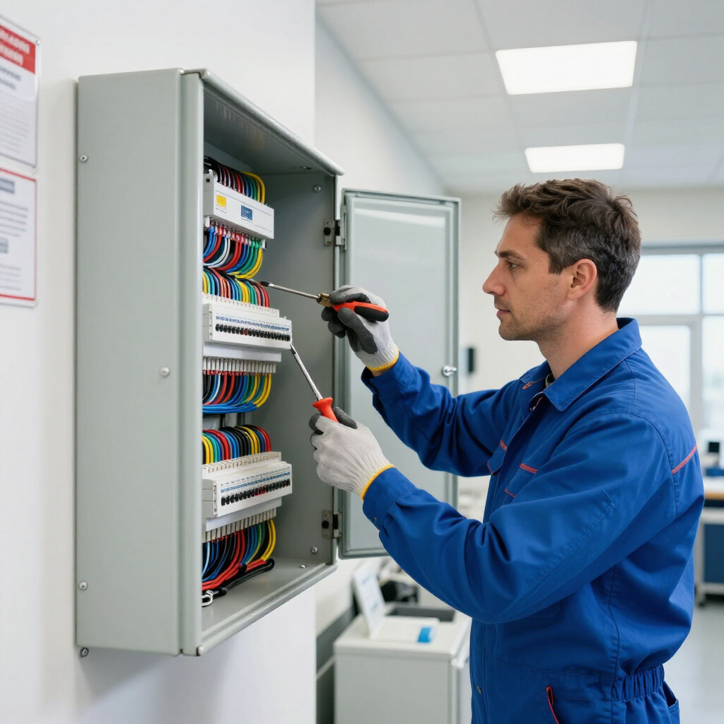 Electrician working on a commercial electrical panel.