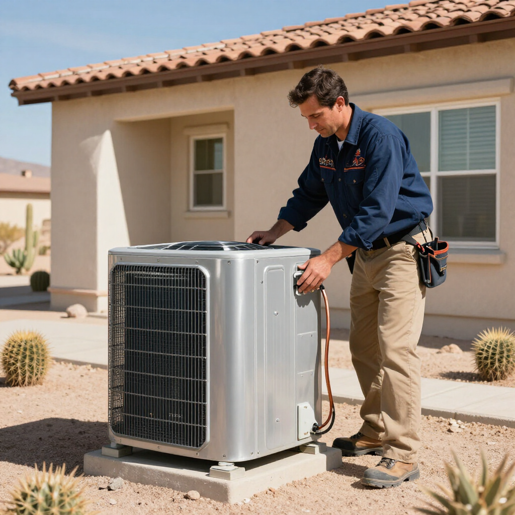 HVAC technician installing a new air conditioning system at a desert home.