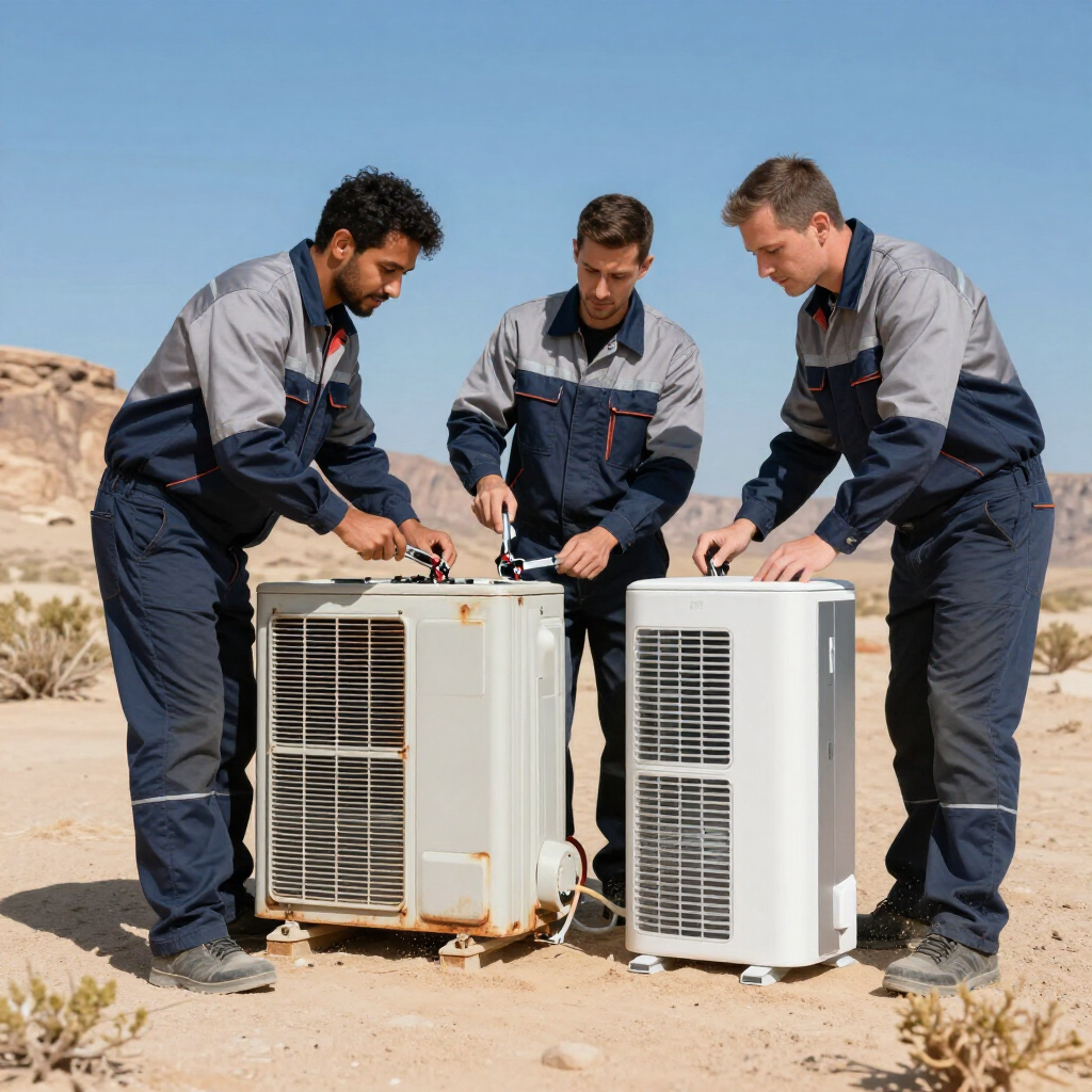 Team replacing an old AC unit with a modern system.