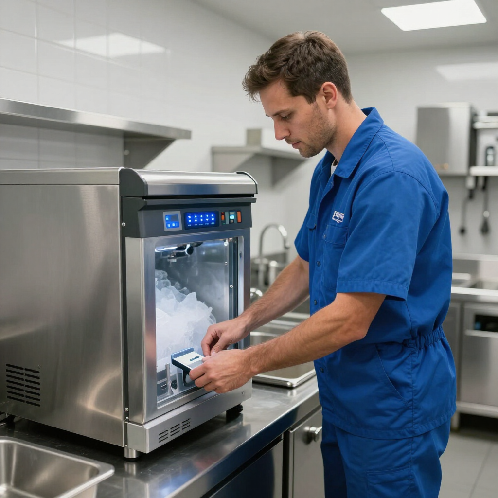 Technician servicing a commercial ice machine.
