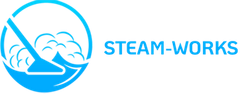 Blue Steam-Works logo with a stylized wave and steam icon