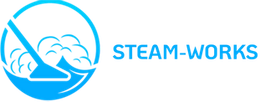 Blue Steam-Works logo with a stylized wave and steam icon