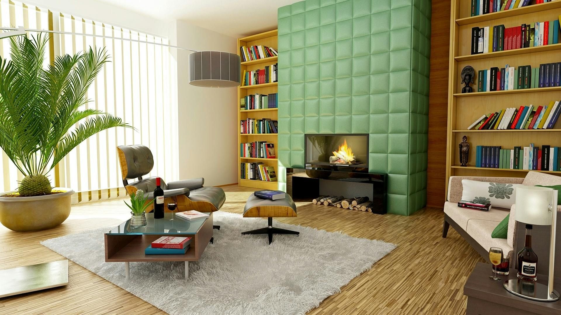 Bright living room with green accent wall, fireplace, bookshelves, large plant, and modern chairs on a rug