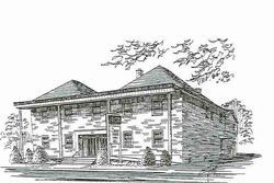 Black-and-white sketch of a stone building with a central entrance and trees in the background