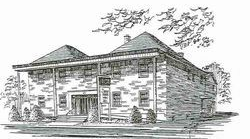 Black-and-white sketch of a small brick house with a front porch and trees behind it