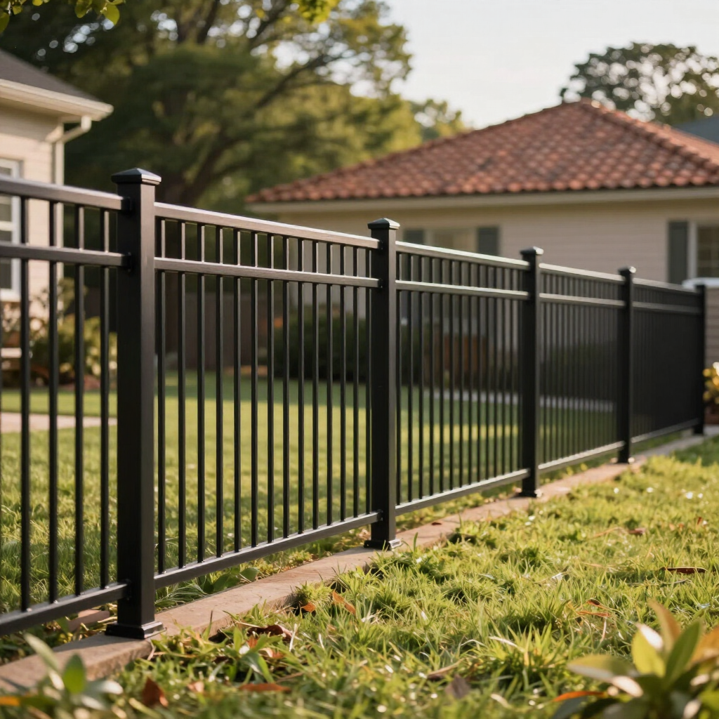 Black metal fence along a grassy suburban yard with houses and trees in the background