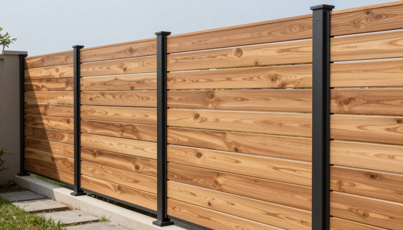 Wooden privacy fence with black metal posts along a stone walkway in a yard