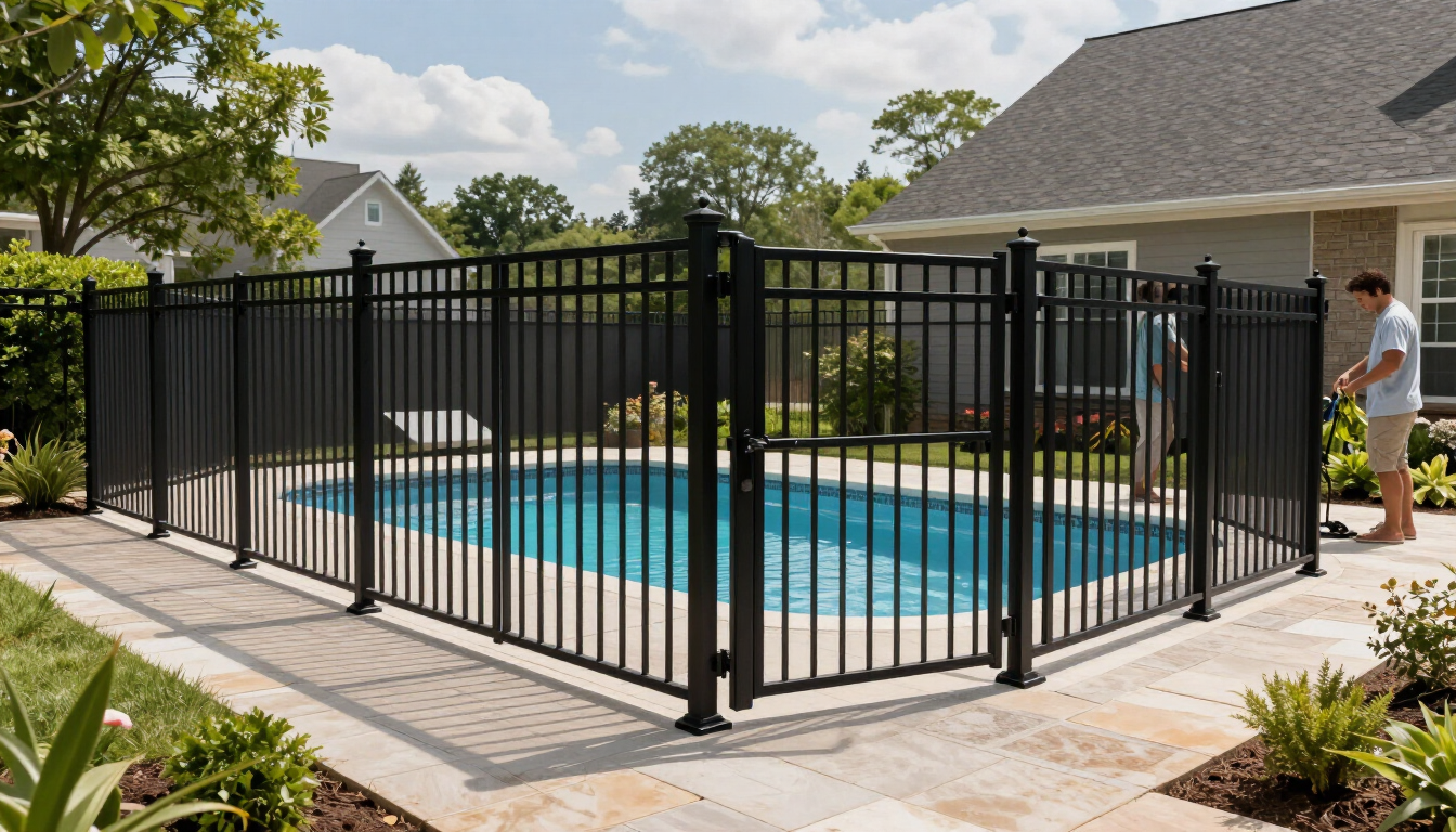 Black metal fence around a backyard swimming pool with a person standing near the deck.