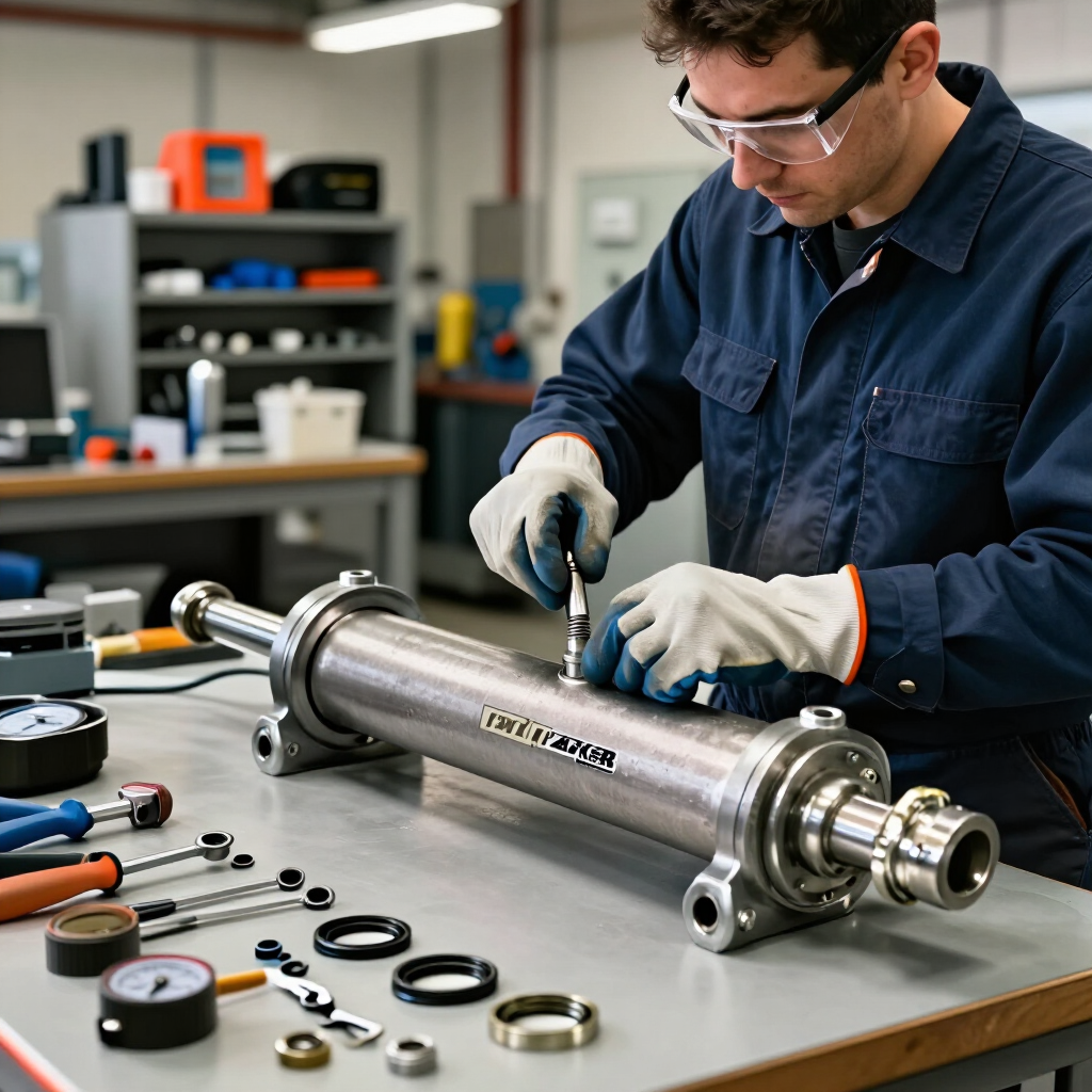 Técnico realizando mantenimiento a componente hidráulico Parker