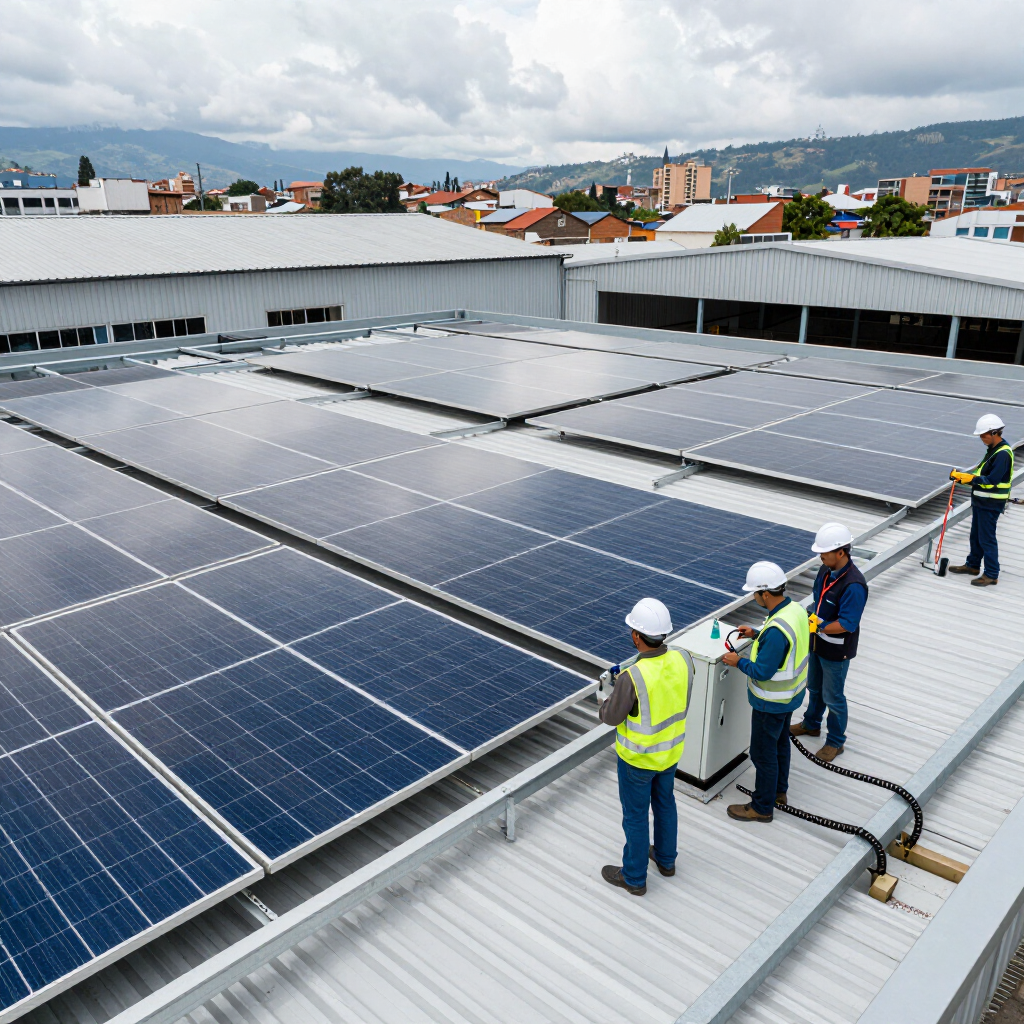 Sistema de paneles solares en cubierta industrial con inspección técnica