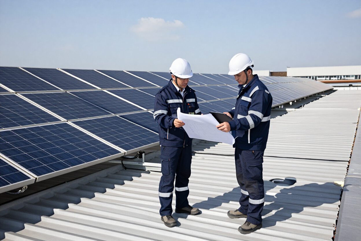 Ingenieros revisando una planta solar industrial