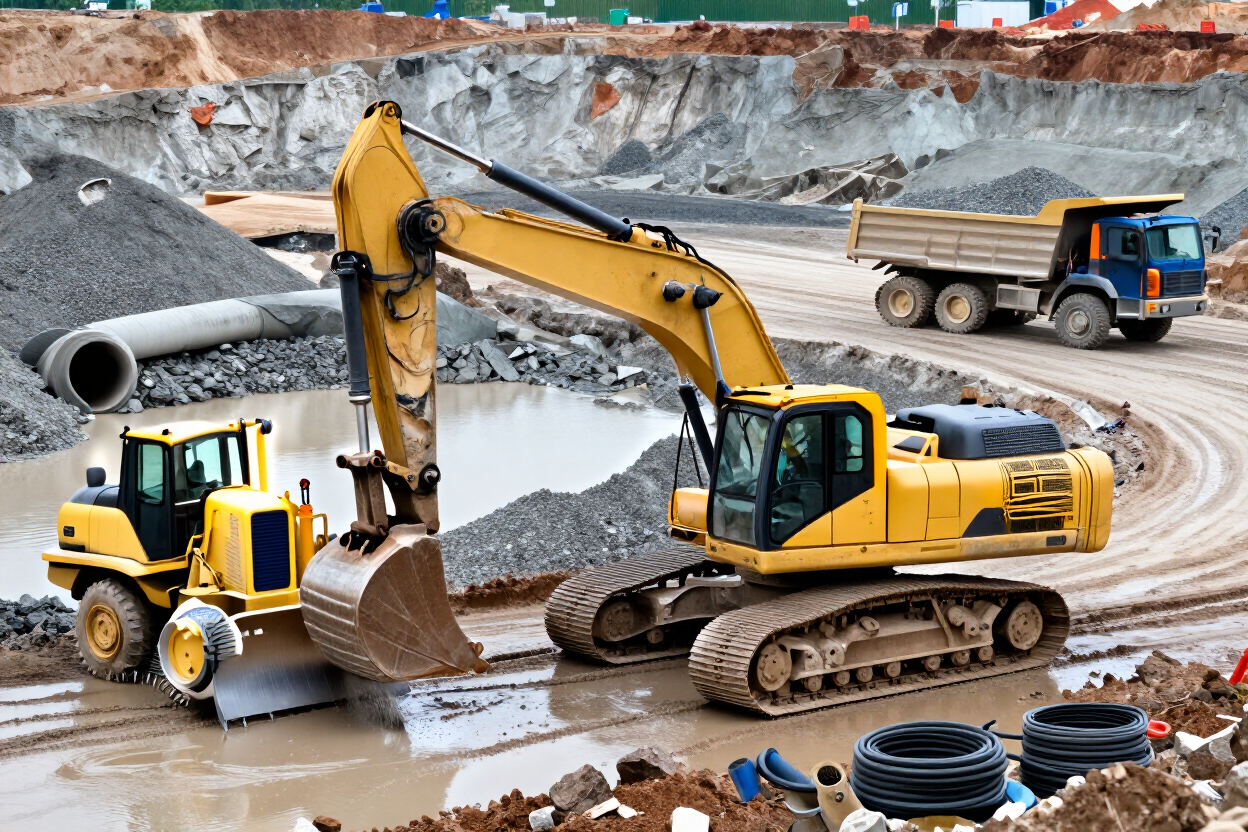 Equipo hidráulico trabajando en obra y minería aluvial