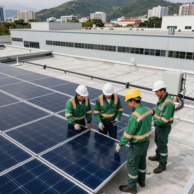 Equipo técnico instalando paneles solares en una cubierta industrial con inversores y cableado ordenado