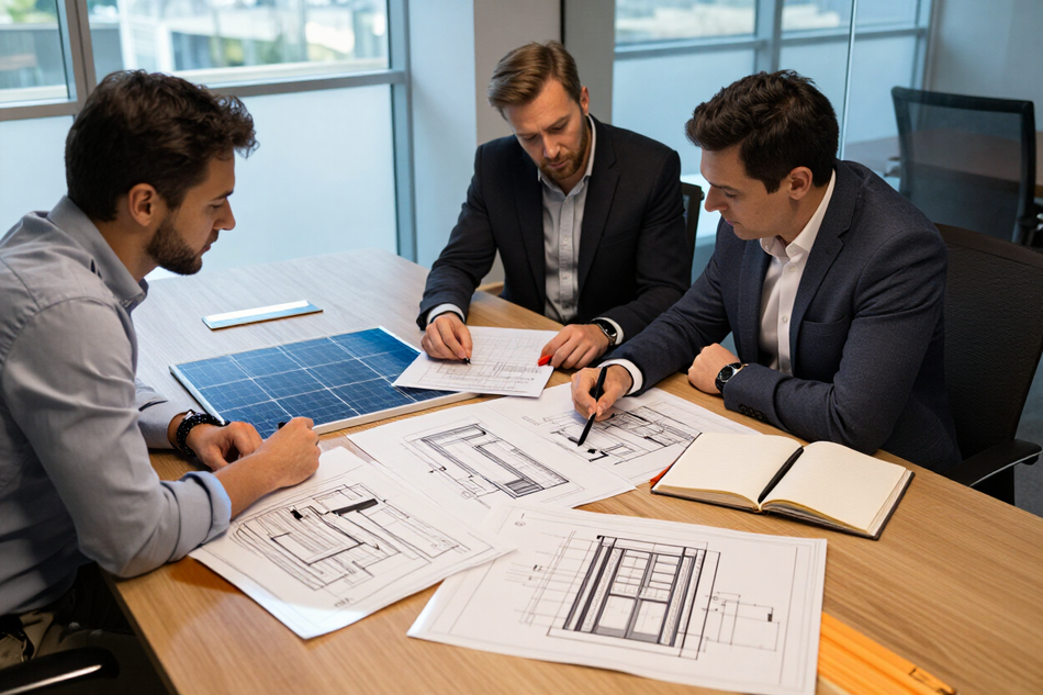 Reunión técnica con planos de ingeniería solar, hidráulica y ascensores.