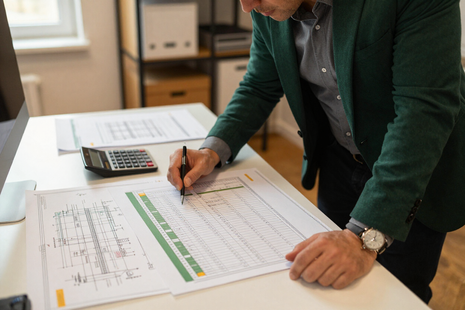 Ingeniero revisando cronograma y alcance de proyecto.