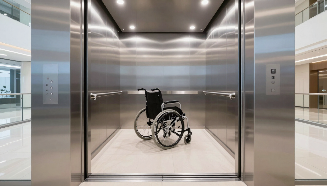 Cabina amplia de ascensor accesible con espacio para una silla de ruedas