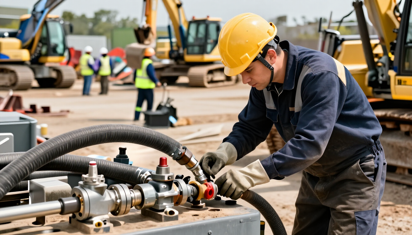Técnico realizando mantenimiento preventivo de equipos hidráulicos en maquinaria de obra