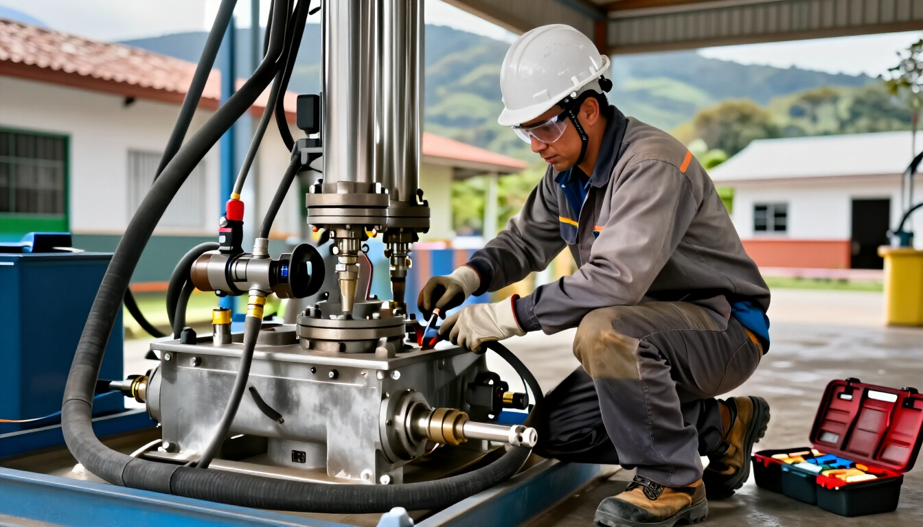 Técnico realizando mantenimiento de un sistema hidráulico en una instalación industrial