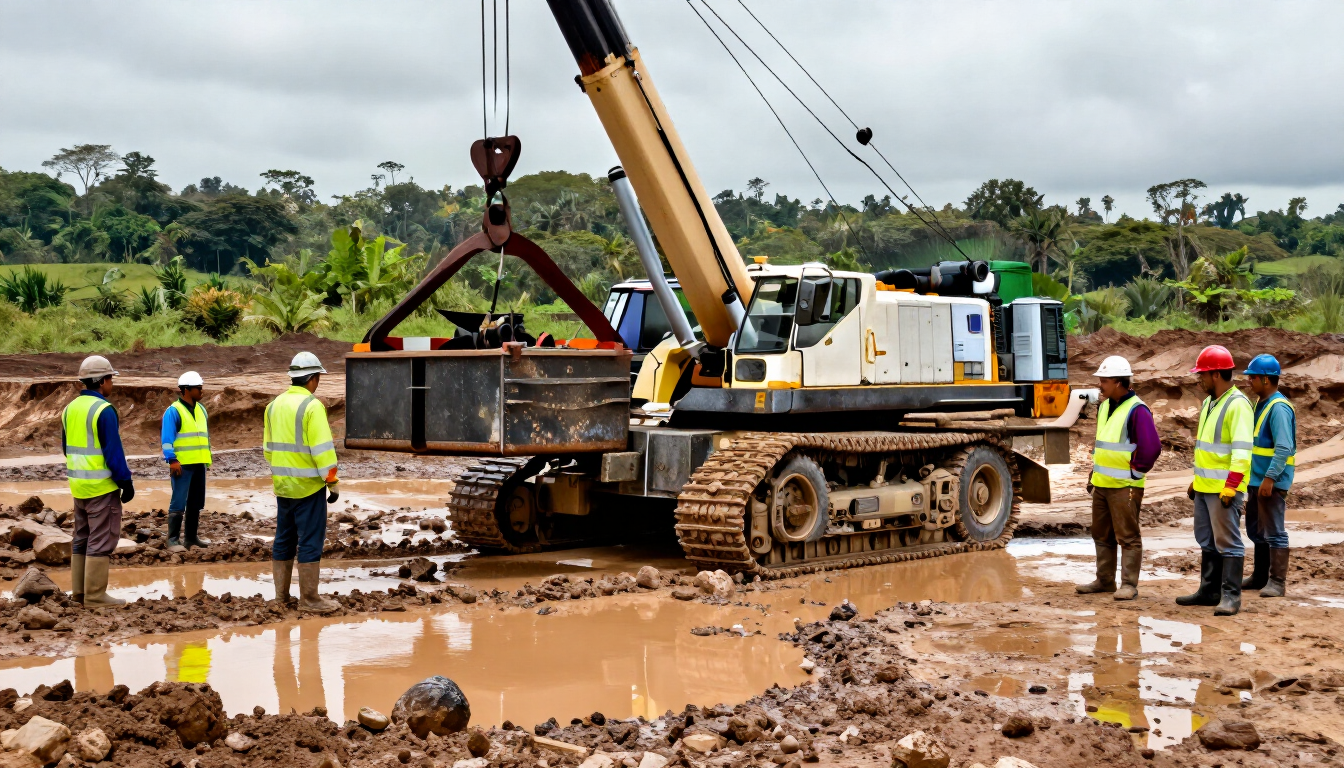 Grúa hidráulica trabajando en una obra de minería aluvial