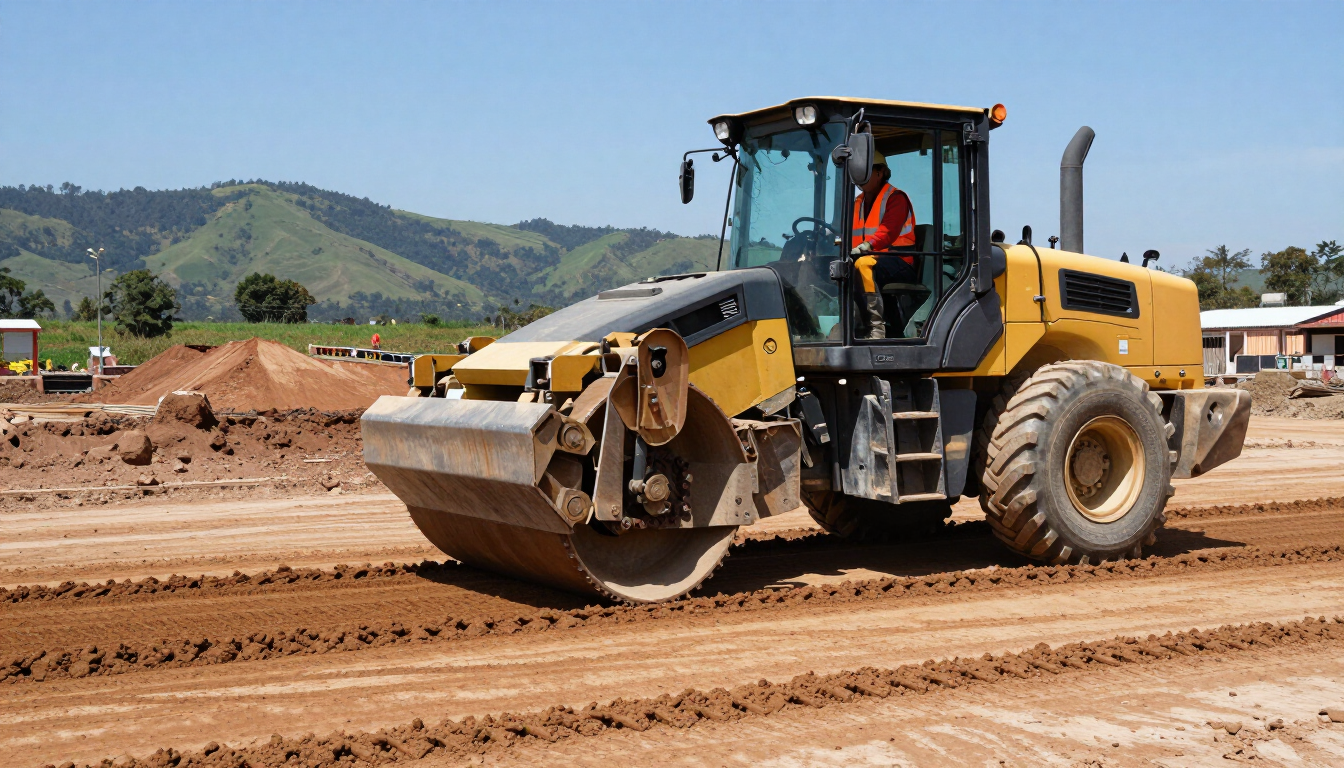 Compactadora hidráulica preparando una plataforma de terreno para construcción