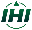 Logotipo tipográfico de IHI Ingeniería Hidráulica Integral SAS con isotipo de sol y gota engranaje sobre fondo verde bosque.