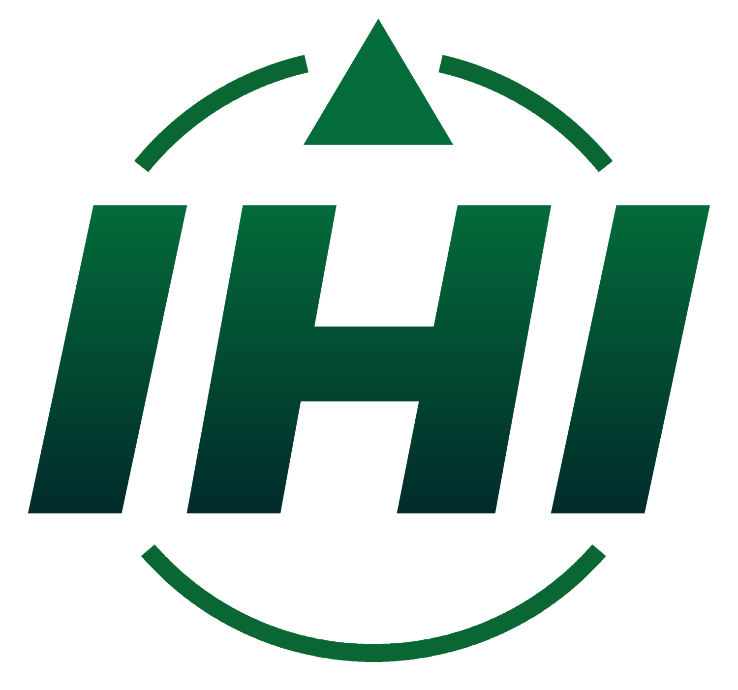 Logotipo tipográfico de IHI Ingeniería Hidráulica Integral SAS con isotipo de sol y gota engranaje sobre fondo verde bosque.
