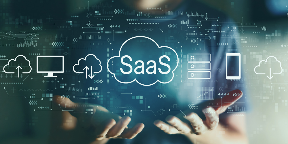 Digital illustration of a person holding their hands out, cradling a glowing SaaS cloud icon surrounded by tech symbols.