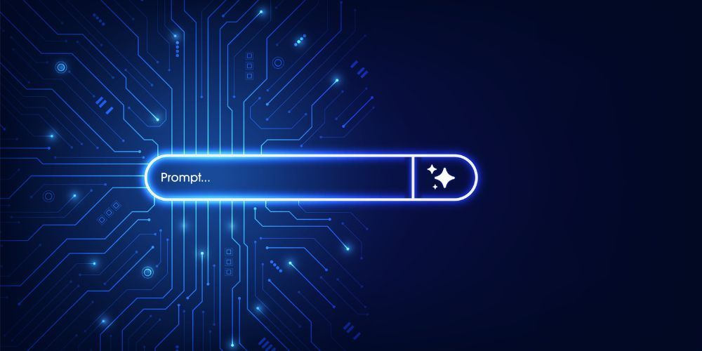 Glowing search bar on a dark blue tech-themed background with digital circuit patterns.