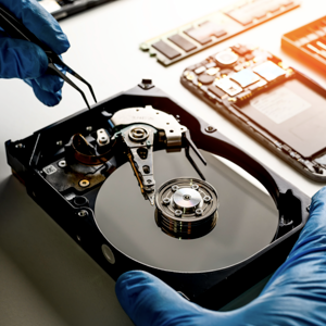 Hands in blue nitrile gloves use tweezers to repair the internal components of an open hard drive on a workbench.