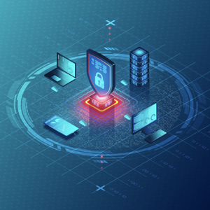 A digital security concept with a central glowing shield icon surrounded by a laptop, server, mobile device, and monitor.